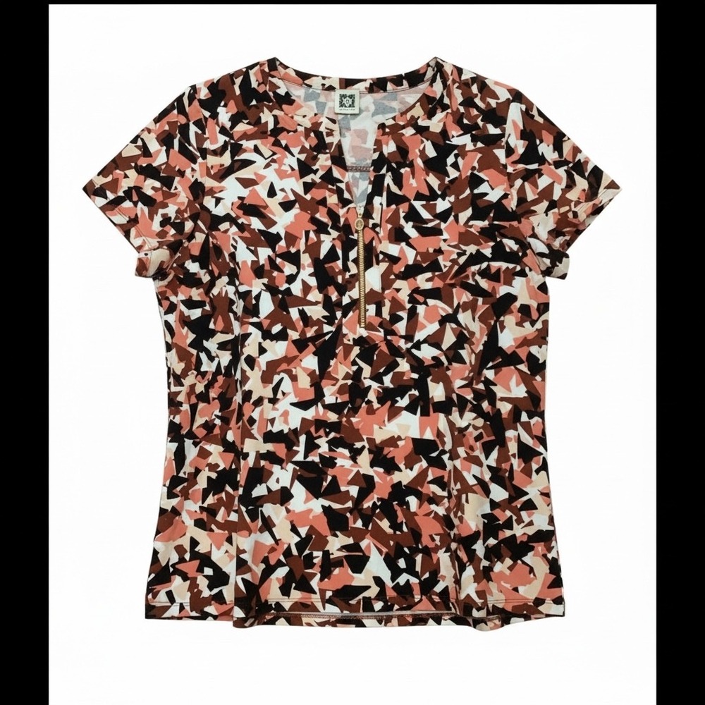 Anne Klein Women Geometric Abstract Print Zip Front Short Sleeve Blouse Top XL